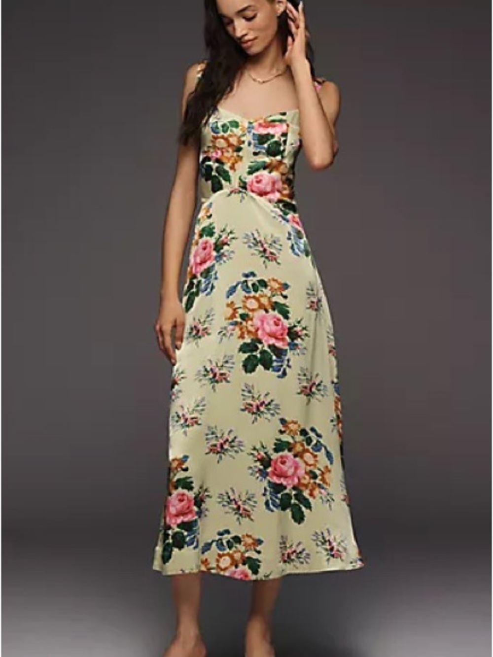 Maeve Sleeveless Cream Midi Dress Pink Rose Print